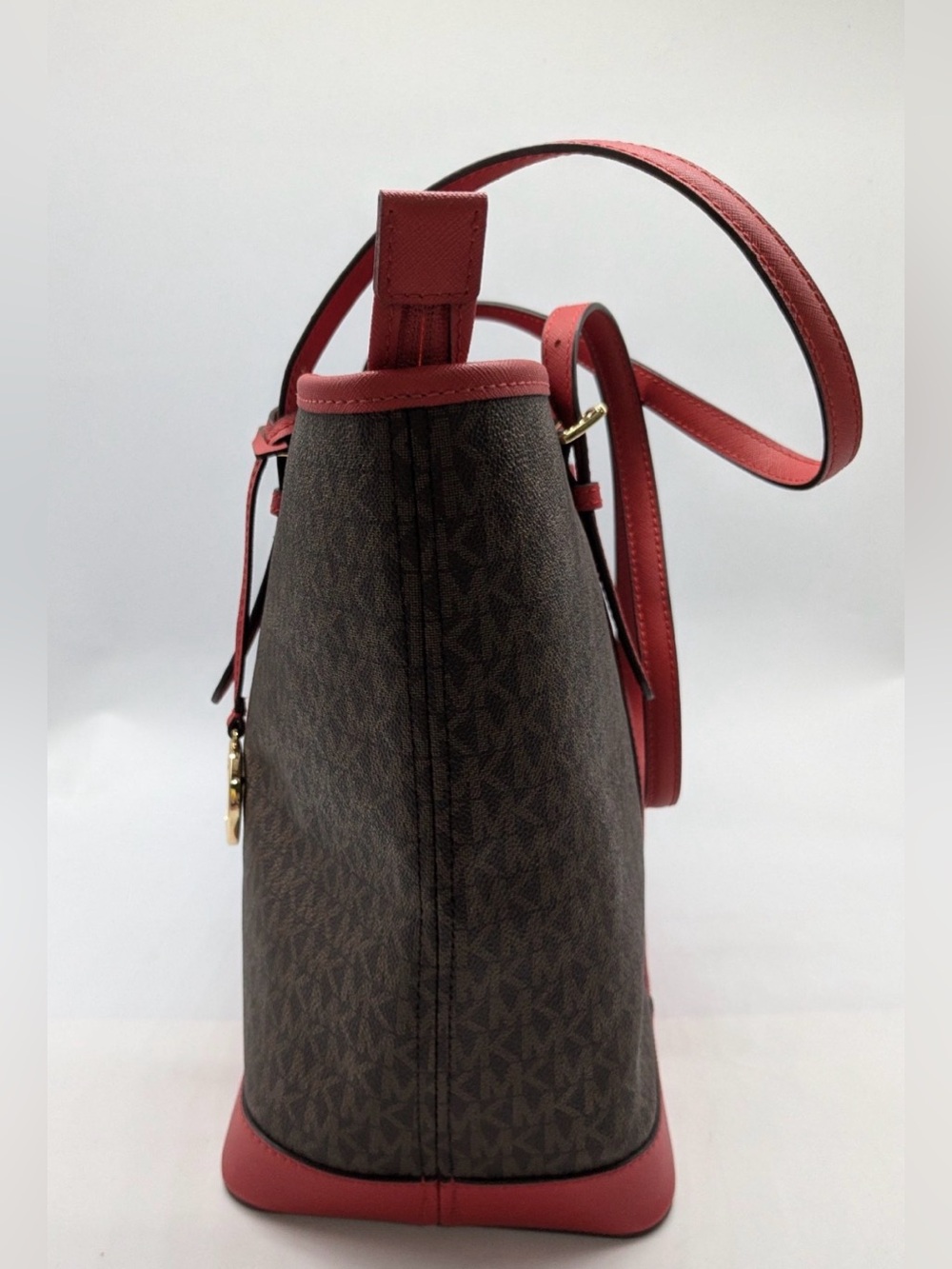 FLASH SALE Michael Kors MK Designer Large Jet Set Brown Red Signature Tote Purse - Picture 4 of 9